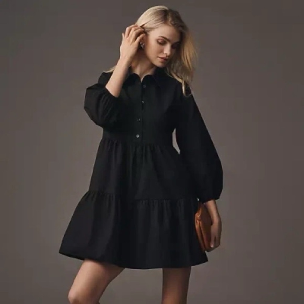 Bettina Black Long-Sleeve Tiered Shirt Dress - Women NWT